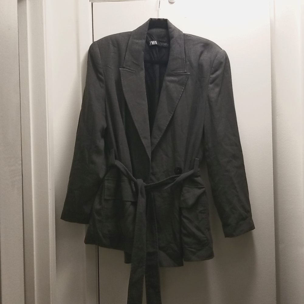 Zara Grey Belted Blazer Size L